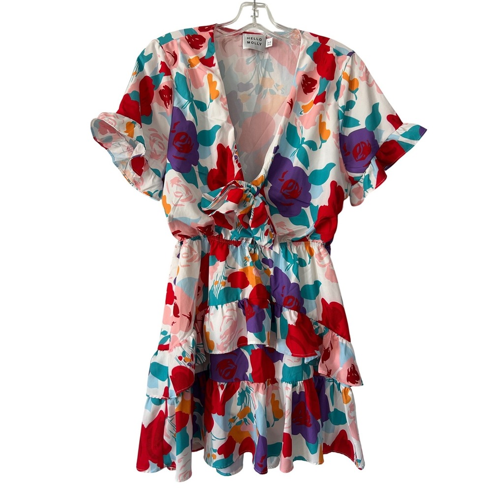 Hello Molly Floral Mini Dress Multi Color V-Neck Tie Front Tiered Ruffle US 8 L
